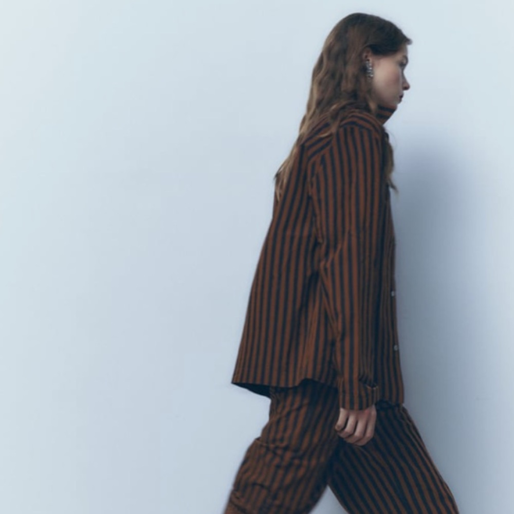 ZARA Striped Black + Brown Cotton Button Down Blouse - Picture 6 of 6